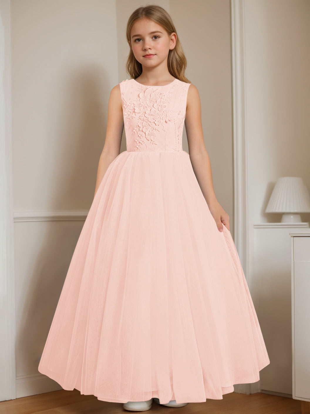 Robe de Demoiselle D'Honneur A-Line/Princess à Col Rond Sans Manches et Longueur Au Sol avec Appliques