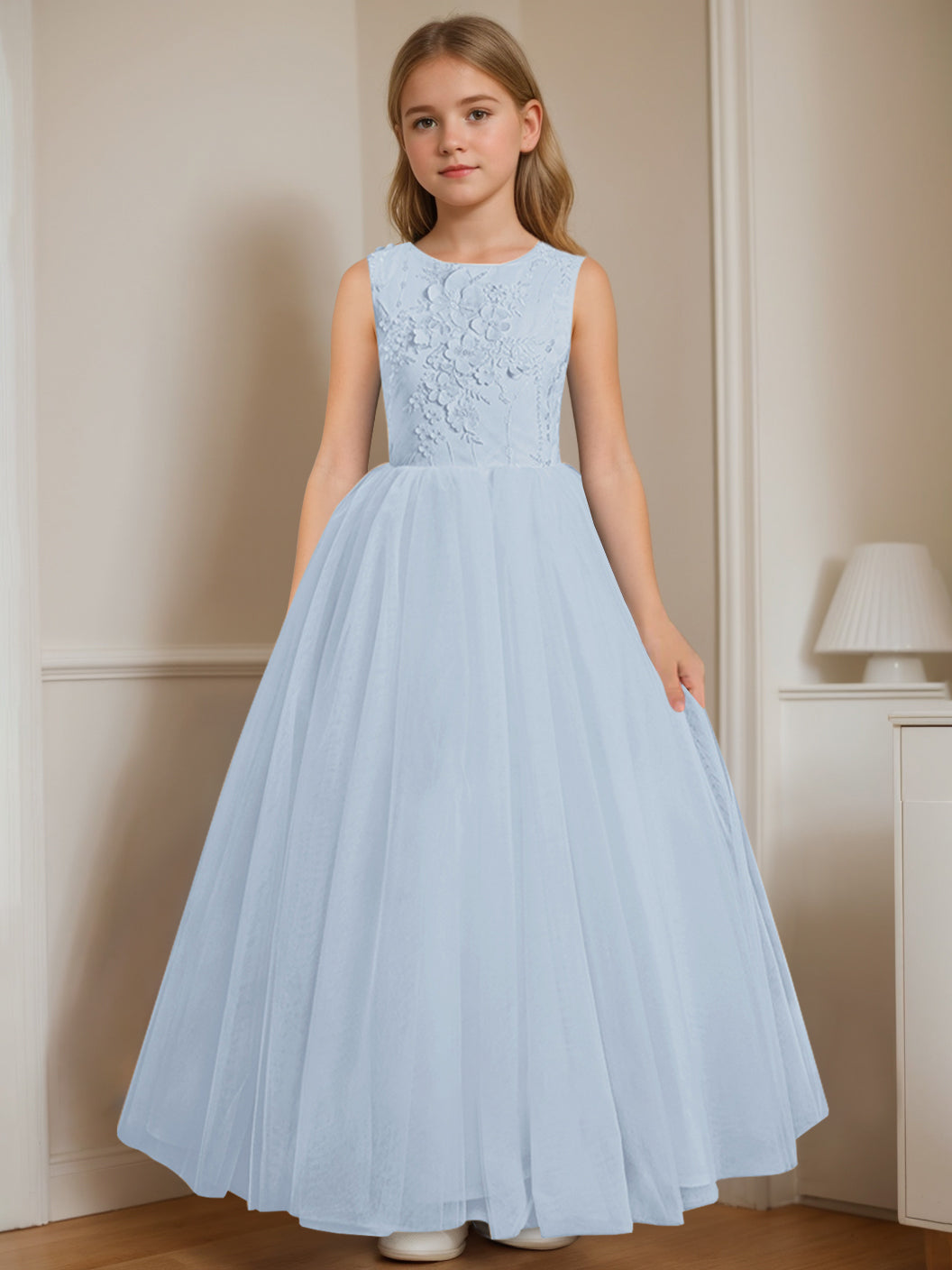Robe de Demoiselle D'Honneur A-Line/Princess à Col Rond Sans Manches et Longueur Au Sol avec Appliques