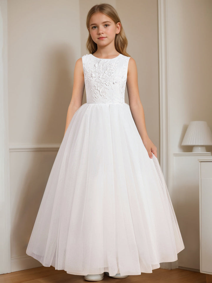 Robe de Demoiselle D'Honneur A-Line/Princess à Col Rond Sans Manches et Longueur Au Sol avec Appliques