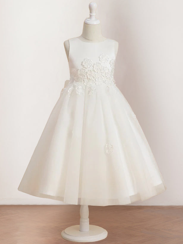 Robe de Demoiselle D'Honneur A-Line/Princess à Encolure Dégagée Sans Manches et Longueur Thé avec Appliques