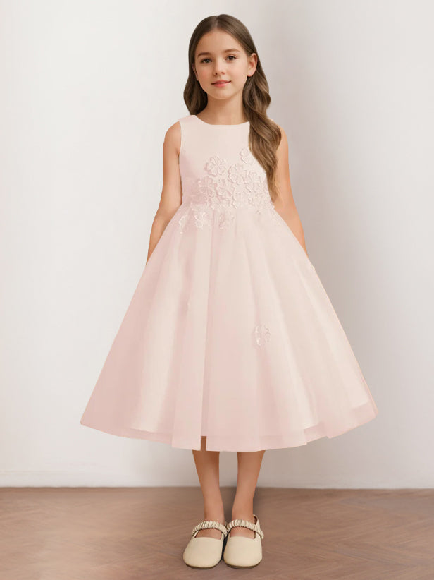 Robe de Demoiselle D'Honneur A-Line/Princess à Encolure Dégagée Sans Manches et Longueur Thé avec Appliques