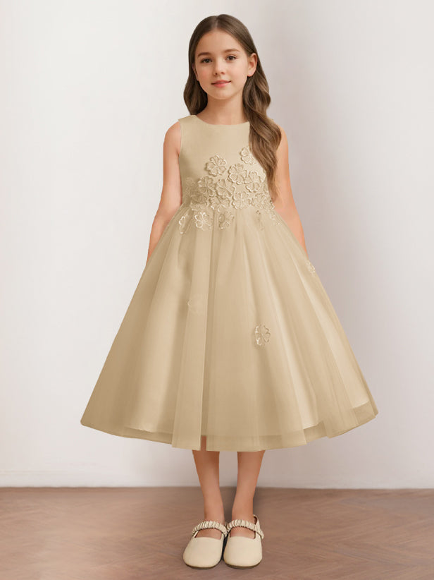 Robe de Demoiselle D'Honneur A-Line/Princess à Encolure Dégagée Sans Manches et Longueur Thé avec Appliques