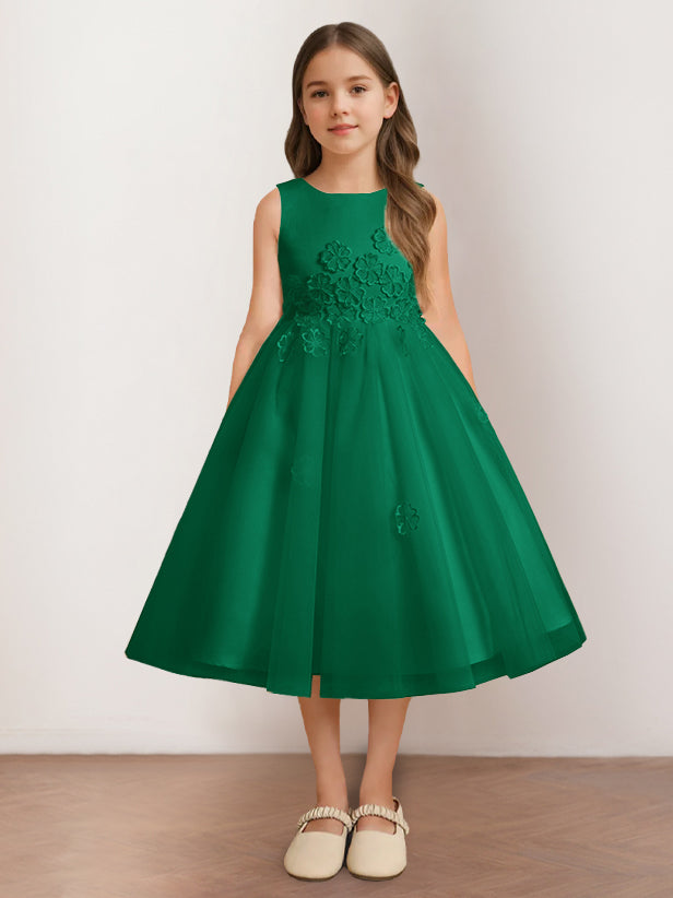 Robe de Demoiselle D'Honneur A-Line/Princess à Encolure Dégagée Sans Manches et Longueur Thé avec Appliques