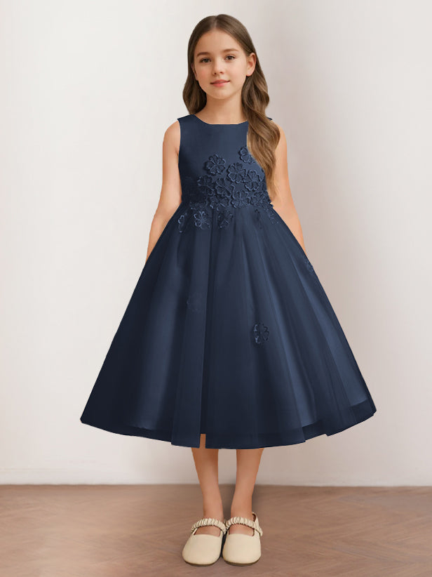 Robe de Demoiselle D'Honneur A-Line/Princess à Encolure Dégagée Sans Manches et Longueur Thé avec Appliques