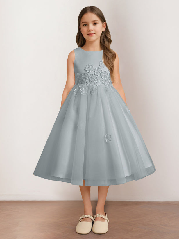 Robe de Demoiselle D'Honneur A-Line/Princess à Encolure Dégagée Sans Manches et Longueur Thé avec Appliques