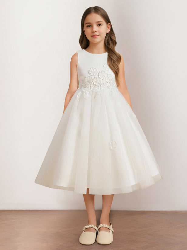 Robe de Demoiselle D'Honneur A-Line/Princess à Encolure Dégagée Sans Manches et Longueur Thé avec Appliques
