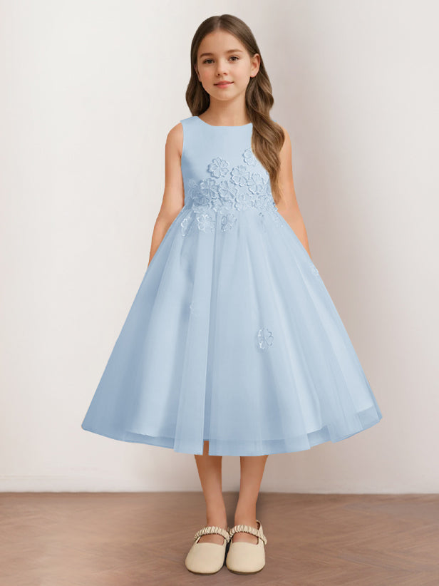 Robe de Demoiselle D'Honneur A-Line/Princess à Encolure Dégagée Sans Manches et Longueur Thé avec Appliques