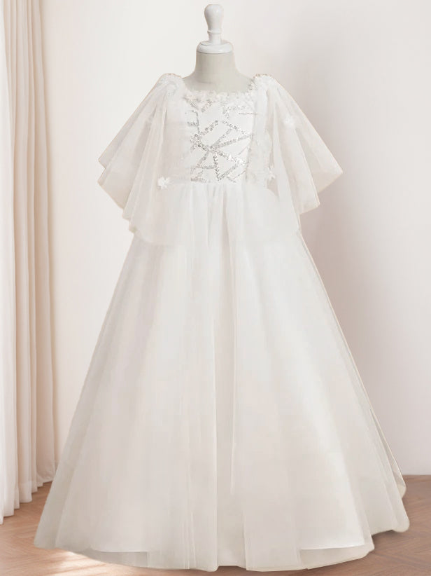 Robe de Demoiselle D'Honneur A-Line/Princess à Encolure Dégagée et Manches Courtes, Longueur Au Sol