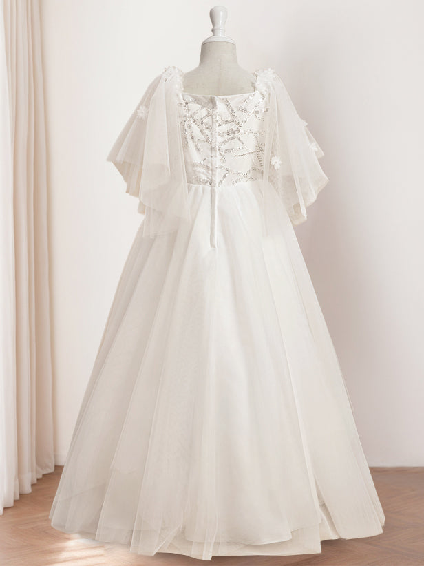 Robe de Demoiselle D'Honneur A-Line/Princess à Encolure Dégagée et Manches Courtes, Longueur Au Sol