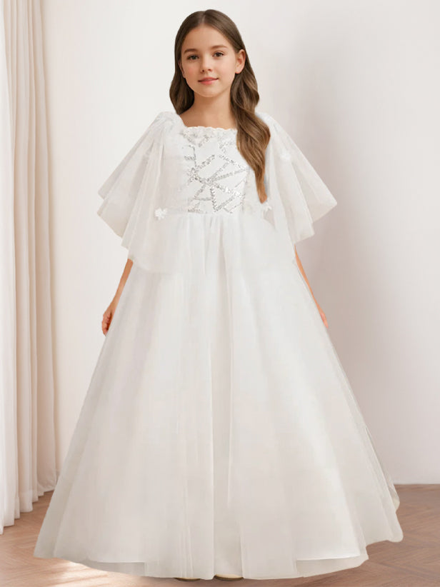 Robe de Demoiselle D'Honneur A-Line/Princess à Encolure Dégagée et Manches Courtes, Longueur Au Sol