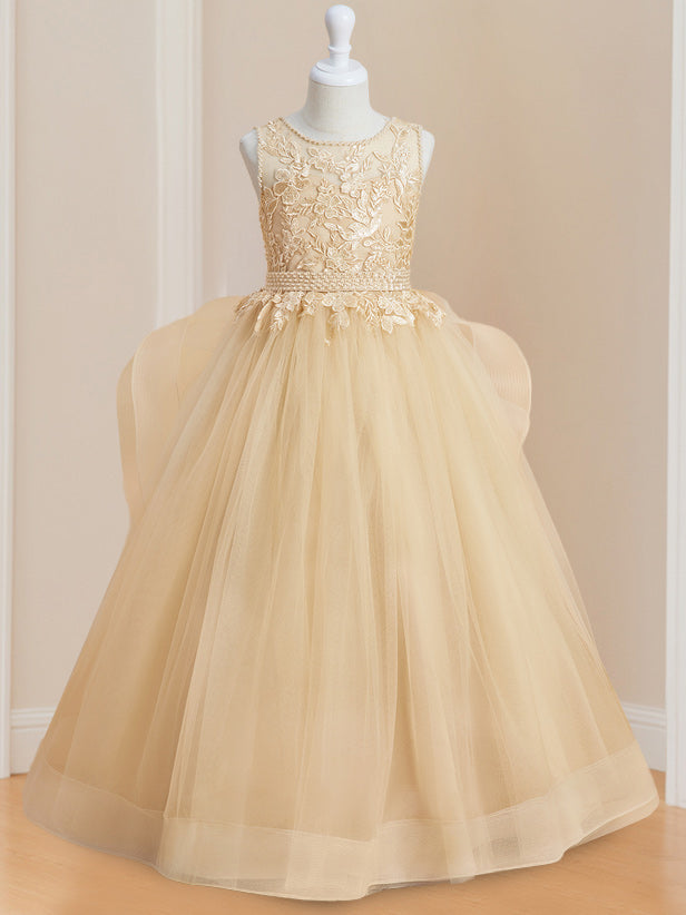 Robe de Bal à Col Rond Sans Manches, Longueur Au Sol, avec Appliques