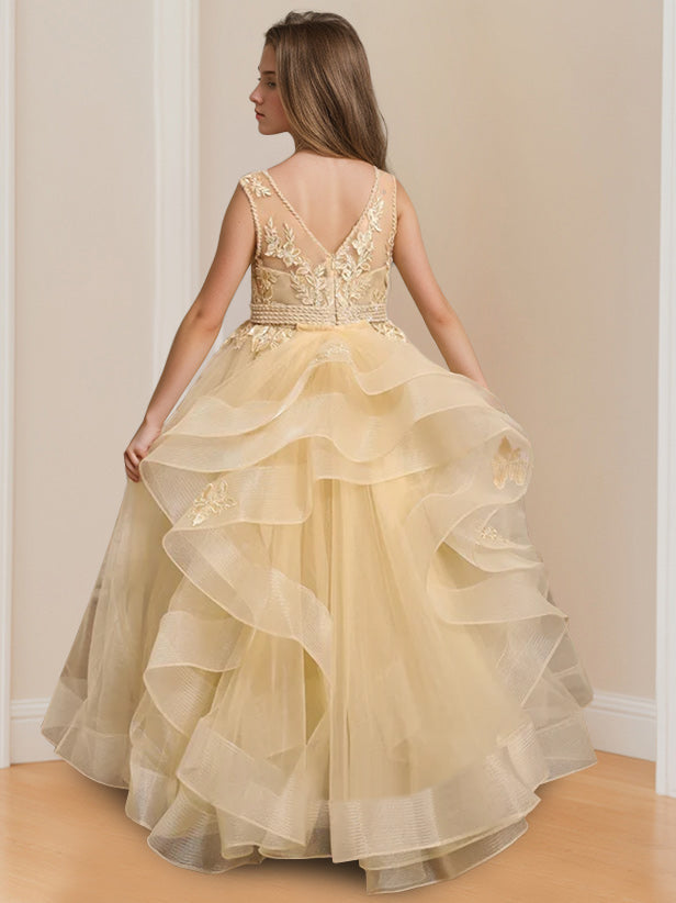 Robe de Bal à Col Rond Sans Manches, Longueur Au Sol, avec Appliques