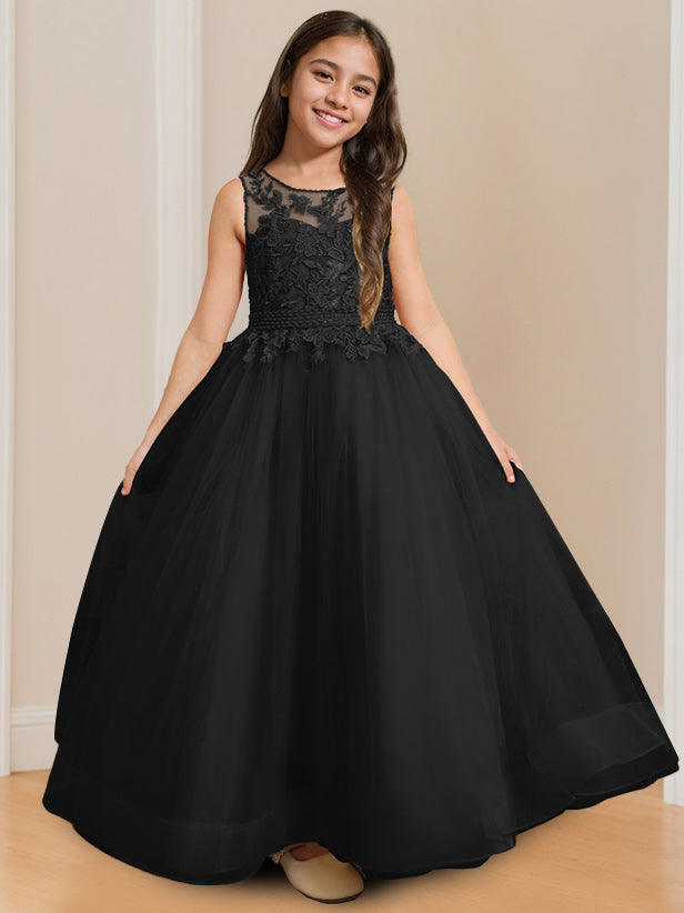 Robe de Bal à Col Rond Sans Manches, Longueur Au Sol, avec Appliques