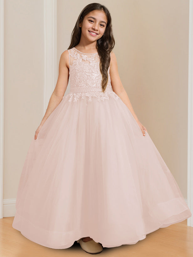 Robe de Bal à Col Rond Sans Manches, Longueur Au Sol, avec Appliques