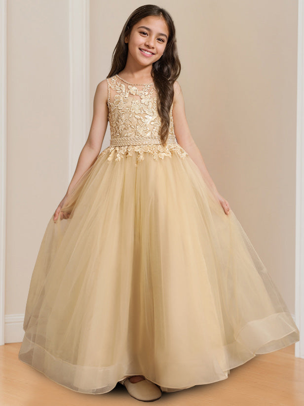 Robe de Bal à Col Rond Sans Manches, Longueur Au Sol, avec Appliques