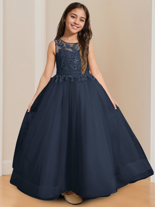 Robe de Bal à Col Rond Sans Manches, Longueur Au Sol, avec Appliques