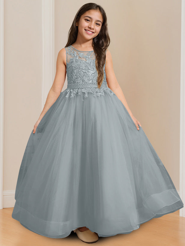 Robe de Bal à Col Rond Sans Manches, Longueur Au Sol, avec Appliques