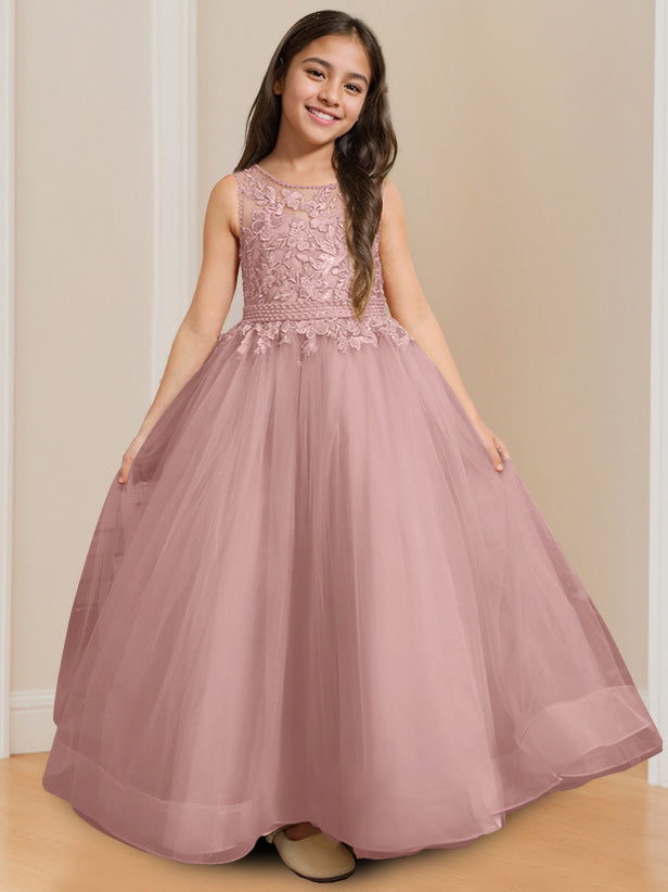 Robe de Bal à Col Rond Sans Manches, Longueur Au Sol, avec Appliques