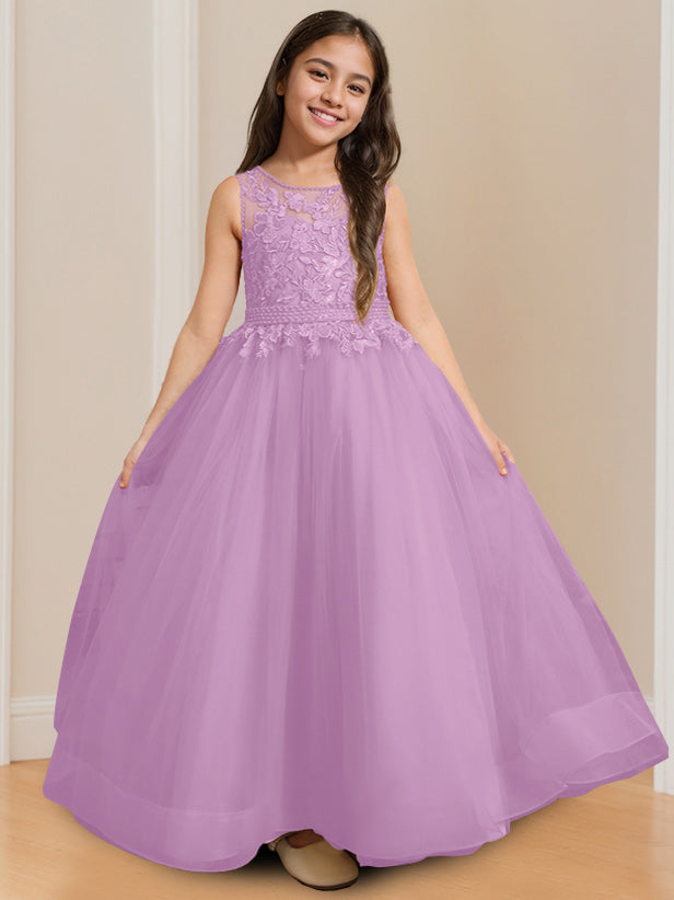 Robe de Bal à Col Rond Sans Manches, Longueur Au Sol, avec Appliques