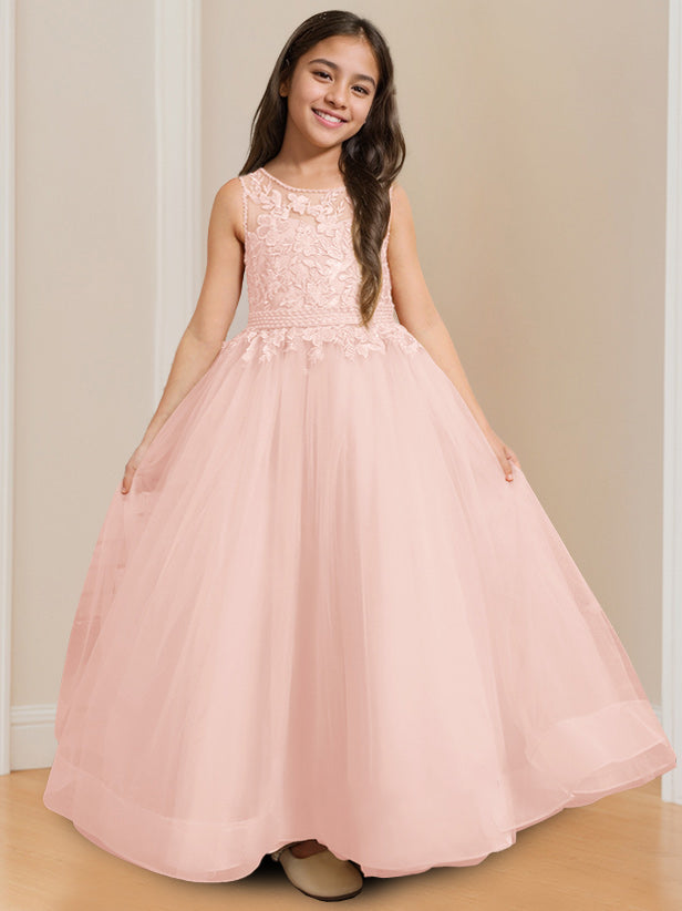 Robe de Bal à Col Rond Sans Manches, Longueur Au Sol, avec Appliques