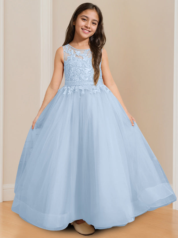 Robe de Bal à Col Rond Sans Manches, Longueur Au Sol, avec Appliques
