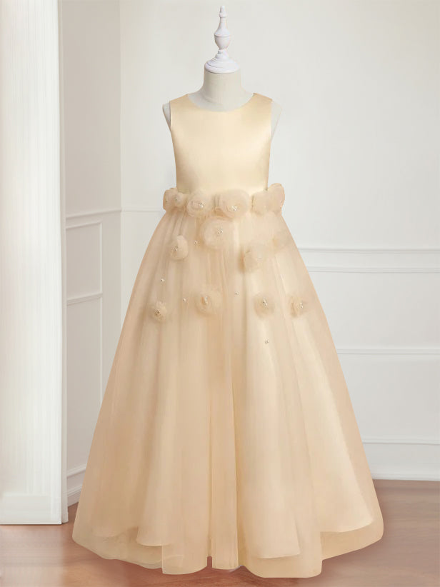 Robe de Demoiselle D'Honneur A-Line/Princess à Col Rond Sans Manches et Longueur Au Sol avec Motif Floral 3D