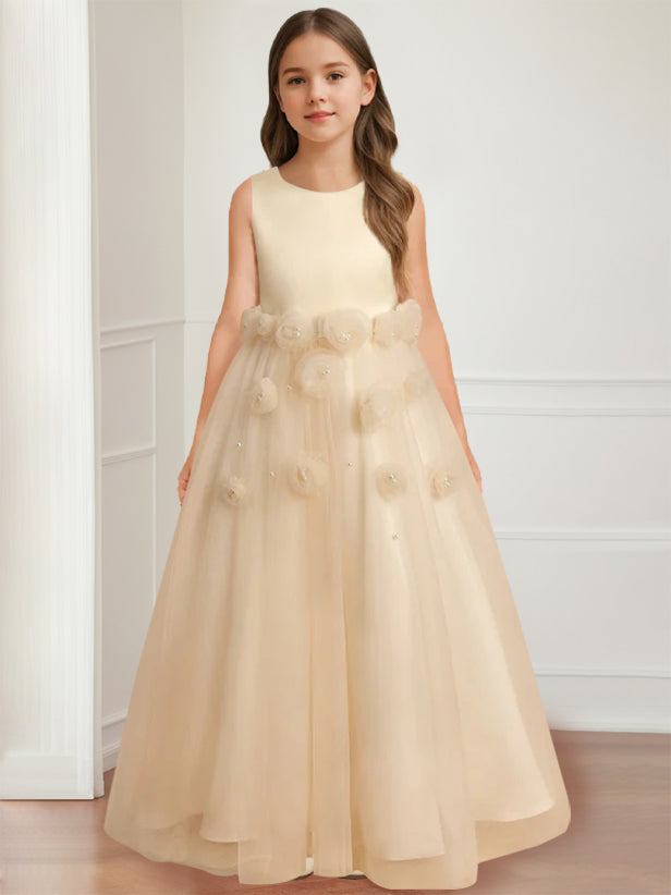 Robe de Demoiselle D'Honneur A-Line/Princess à Col Rond Sans Manches et Longueur Au Sol avec Motif Floral 3D