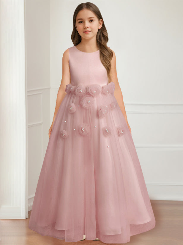Robe de Demoiselle D'Honneur A-Line/Princess à Col Rond Sans Manches et Longueur Au Sol avec Motif Floral 3D