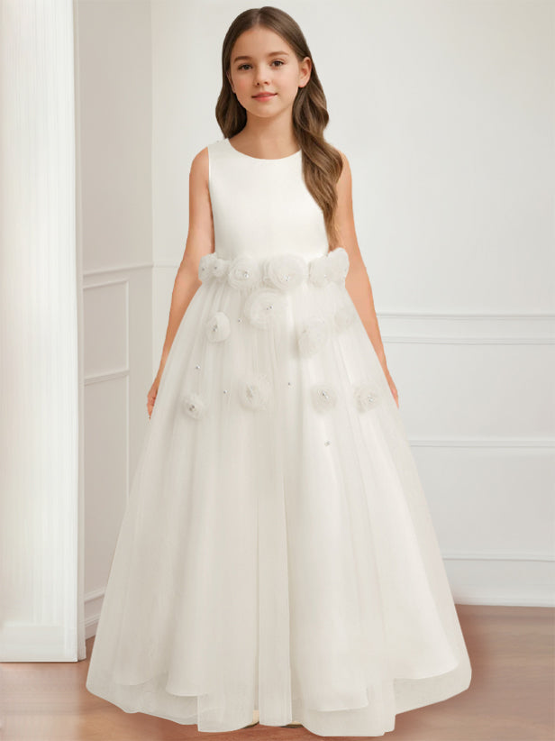 Robe de Demoiselle D'Honneur A-Line/Princess à Col Rond Sans Manches et Longueur Au Sol avec Motif Floral 3D