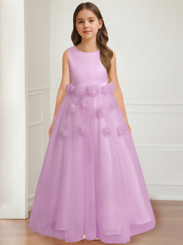 Robe de Demoiselle D'Honneur A-Line/Princess à Col Rond Sans Manches et Longueur Au Sol avec Motif Floral 3D