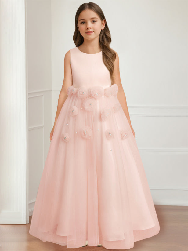 Robe de Demoiselle D'Honneur A-Line/Princess à Col Rond Sans Manches et Longueur Au Sol avec Motif Floral 3D