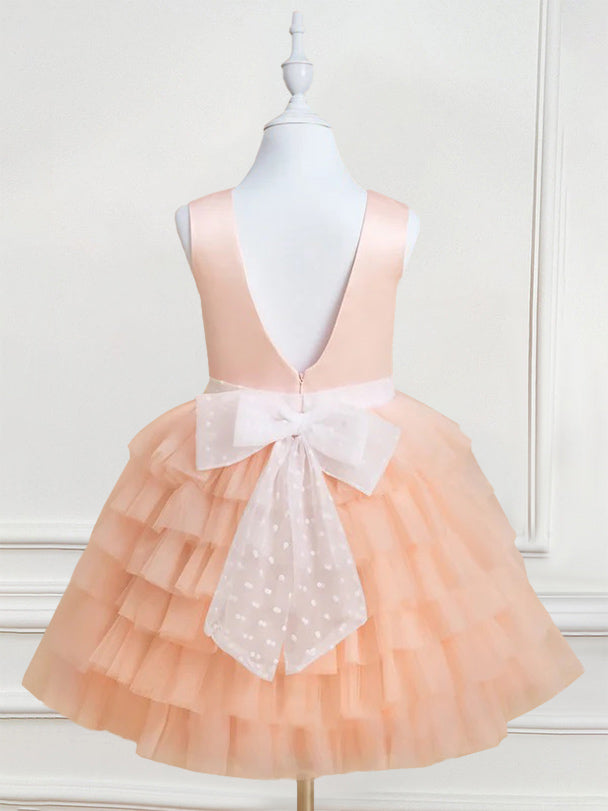 Robe de Bal à Col Rond Sans Manches, Longueur Genou, avec Volants et Nœud Papillon