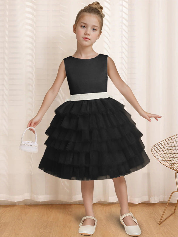 Robe de Bal à Col Rond Sans Manches, Longueur Genou, avec Volants et Nœud Papillon