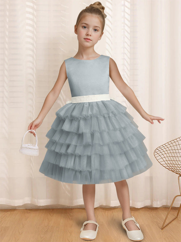 Robe de Bal à Col Rond Sans Manches, Longueur Genou, avec Volants et Nœud Papillon