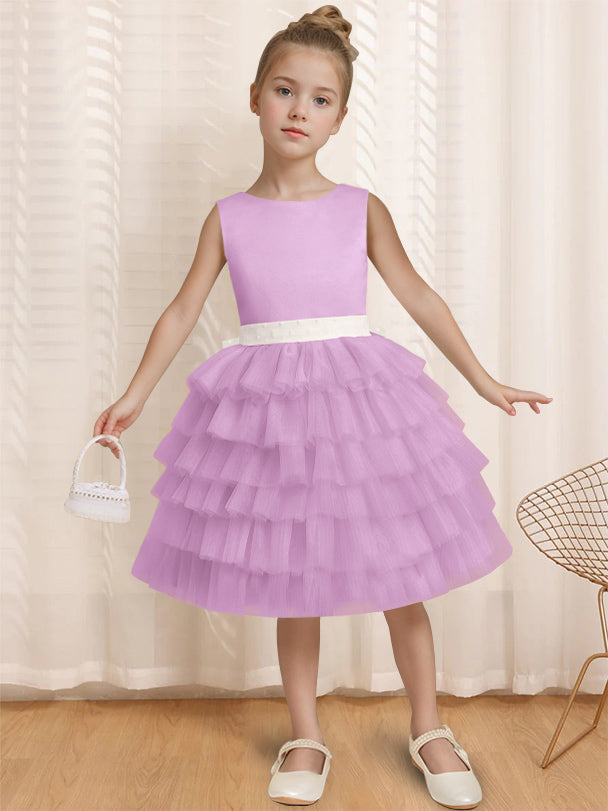 Robe de Bal à Col Rond Sans Manches, Longueur Genou, avec Volants et Nœud Papillon