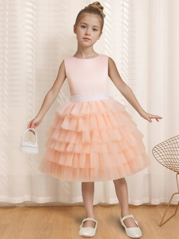 Robe de Bal à Col Rond Sans Manches, Longueur Genou, avec Volants et Nœud Papillon