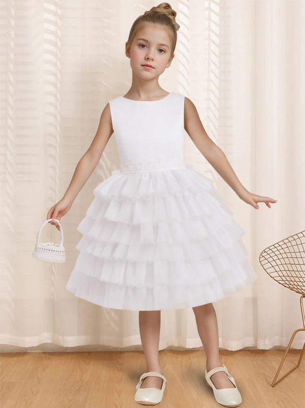 Robe de Bal à Col Rond Sans Manches, Longueur Genou, avec Volants et Nœud Papillon