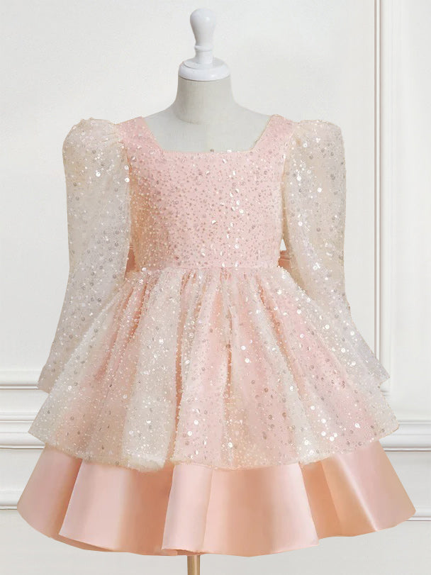 Robe de Demoiselle D'Honneur A-Line/Princess à Col Carré et Manches Longues Jusqu'Aux Genoux avec Nœud