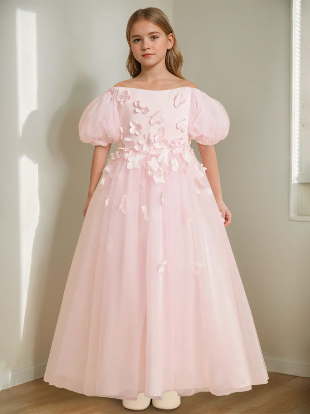 Robe de Demoiselle D'Honneur A-Line/Princess à Épaules Dénudées et Longueur Cheville avec Perles et Fleurs 3D