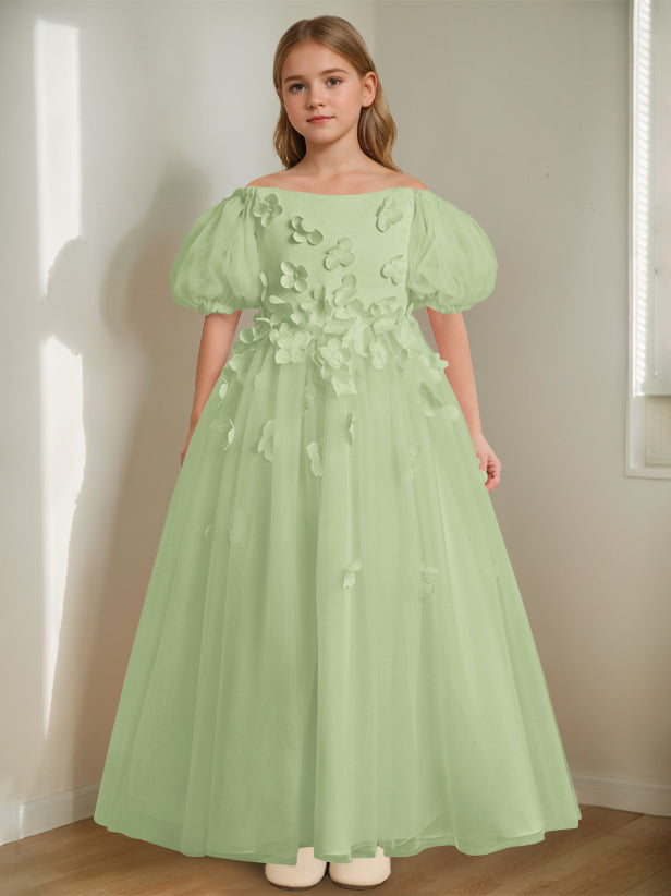 Robe de Demoiselle D'Honneur A-Line/Princess à Épaules Dénudées et Longueur Cheville avec Perles et Fleurs 3D