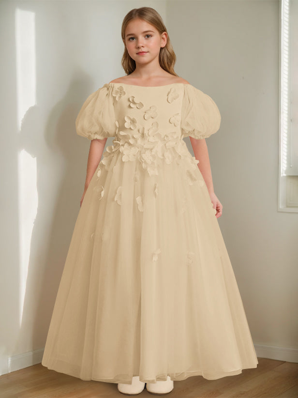 Robe de Demoiselle D'Honneur A-Line/Princess à Épaules Dénudées et Longueur Cheville avec Perles et Fleurs 3D