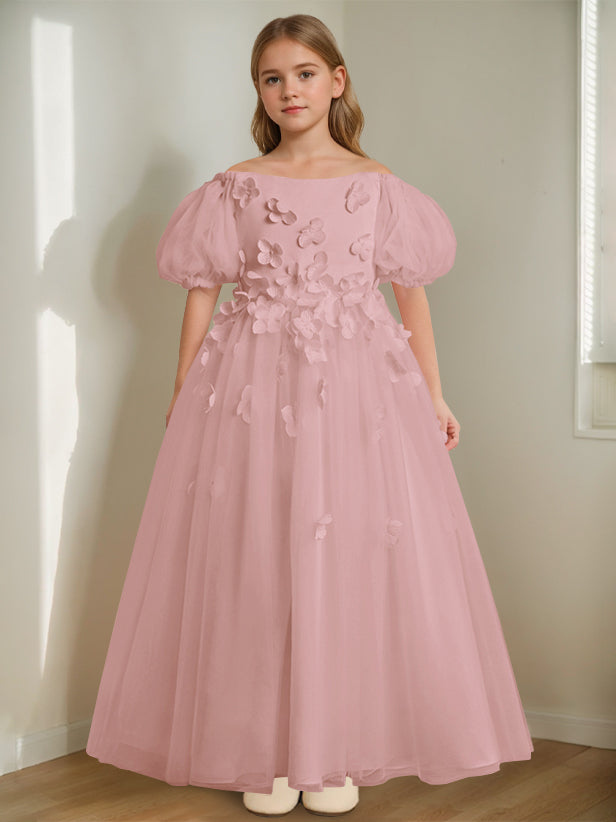 Robe de Demoiselle D'Honneur A-Line/Princess à Épaules Dénudées et Longueur Cheville avec Perles et Fleurs 3D