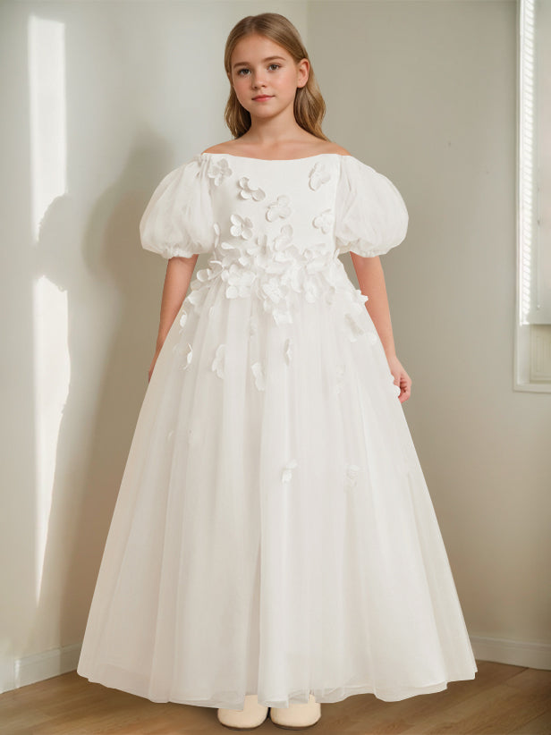 Robe de Demoiselle D'Honneur A-Line/Princess à Épaules Dénudées et Longueur Cheville avec Perles et Fleurs 3D