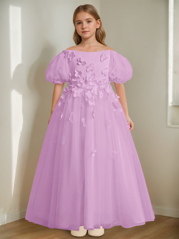 Robe de Demoiselle D'Honneur A-Line/Princess à Épaules Dénudées et Longueur Cheville avec Perles et Fleurs 3D