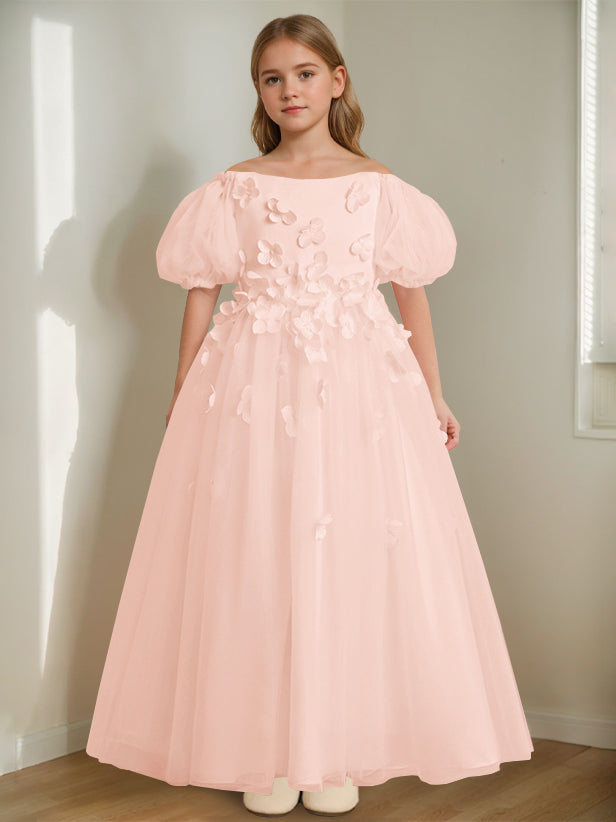 Robe de Demoiselle D'Honneur A-Line/Princess à Épaules Dénudées et Longueur Cheville avec Perles et Fleurs 3D