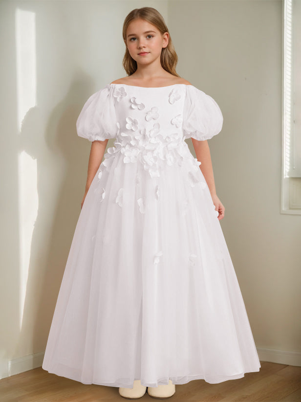 Robe de Demoiselle D'Honneur A-Line/Princess à Épaules Dénudées et Longueur Cheville avec Perles et Fleurs 3D