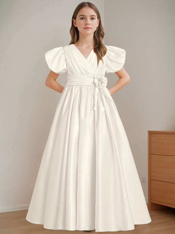 Robe de Demoiselle D'Honneur A-Line/Princess à Col en V et Manches Courtes, Longueur Au Sol, avec Fleurs 3D