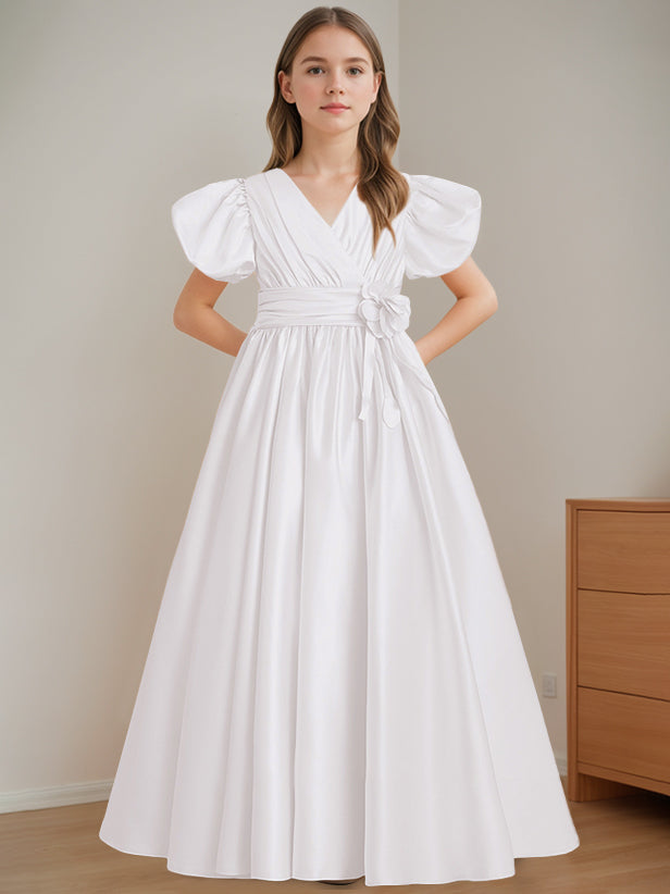 Robe de Demoiselle D'Honneur A-Line/Princess à Col en V et Manches Courtes, Longueur Au Sol, avec Fleurs 3D