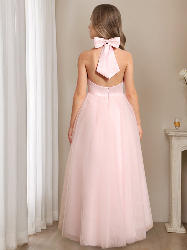 Robe de Demoiselle D'Honneur A-Line/Princess à Col Licou Sans Manches et Longueur Au Sol avec Nœud