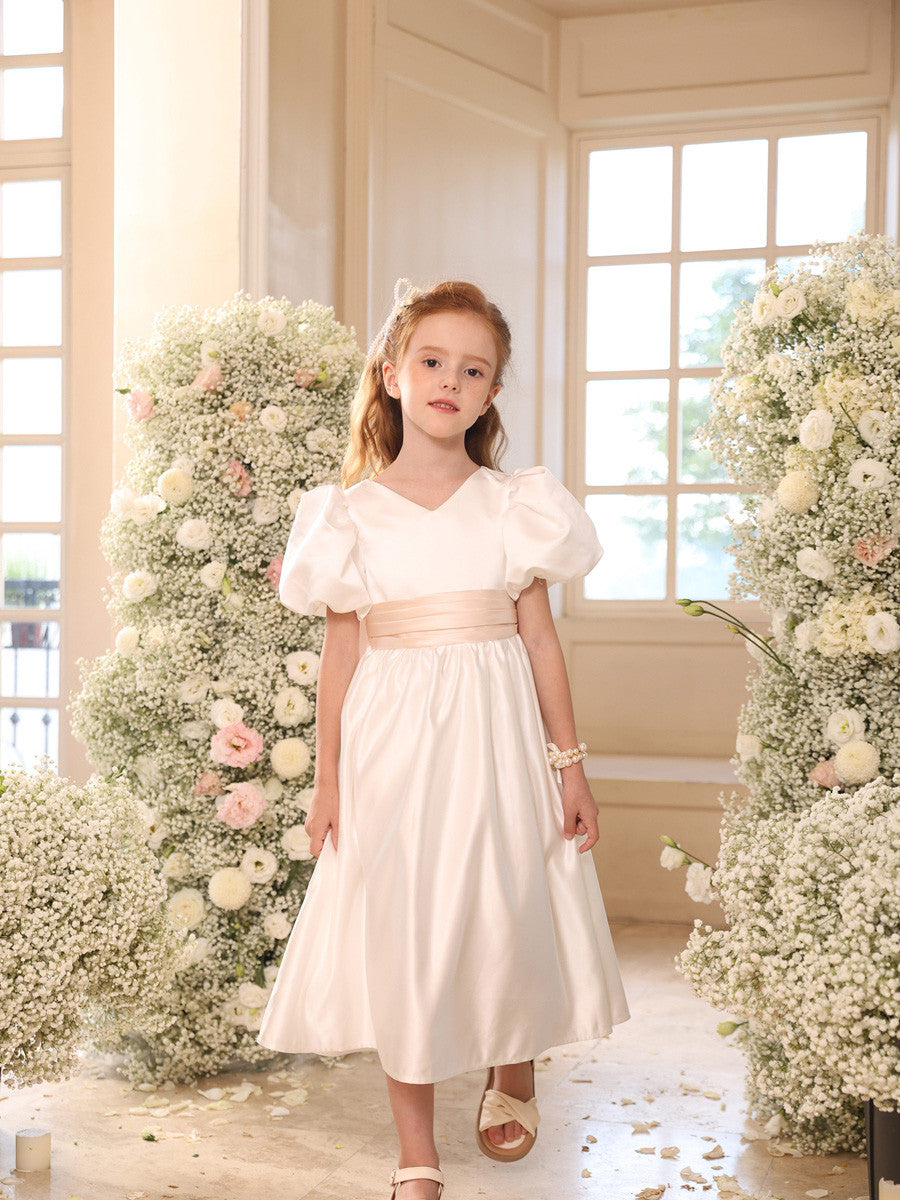 Robes de Demoiselle D'Honneur en Satin à Col en V et Manches Courtes, Coupe A-Line/Princess